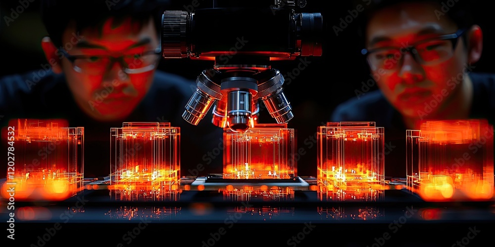 Aufkleber Two technicians are featured in a close-up shot inspecting a microchip under a high-powered microscope in a state-of-the-art lab, their serious expressions highlighting t
