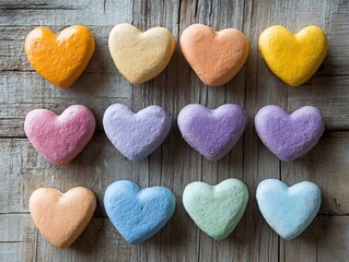 Fototapeta premium Pastel heart shapes arranged neatly on rustic wood background displaying vibrant colors. AI Generated