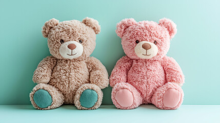 Two plush teddy bears, one brown and one pink, sitting side by side against a blue background
