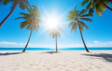 Obraz premium A tropical beach with palm trees and clear blue waters, surrounded by sandy beaches and clear skies.