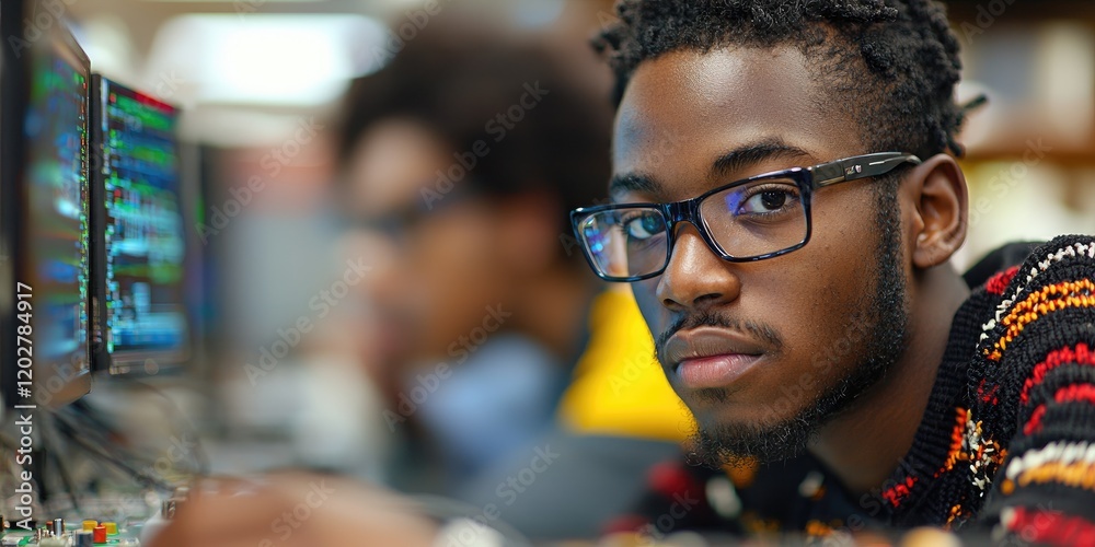 Poster Two technicians are featured in a close-up shot inspecting a microchip under a high-powered microscope in a state-of-the-art lab, their serious expressions highlighting t