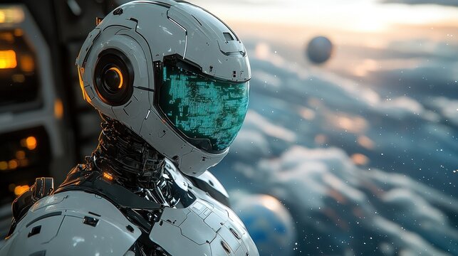 Astronaut robot views alien planet, spaceship background