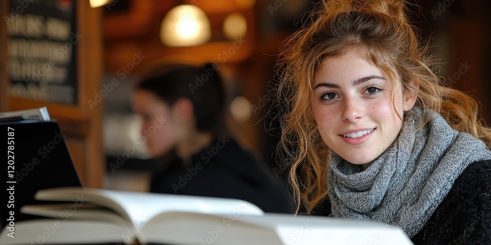 Poster Two adult learners practicing language skills in a coffee shop, with language books and lively conversation filling the atmosphere.