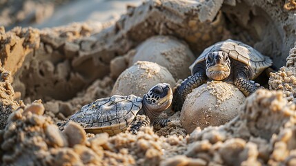 Group of newborn turtles emerging from eggs in the sand
