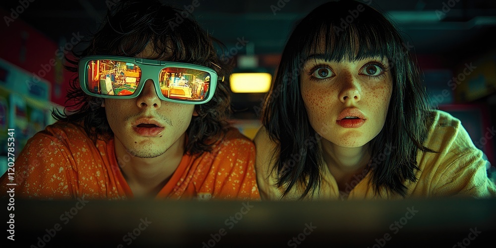 Poster A close-up captures two engineers wearing augmented reality glasses as they discuss a holographic 3D model of a machine, displaying intense focus in a high-tech setting.
