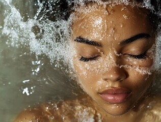 Beautiful woman with water splash on face, beauty and skin care concept isolated on background. Water splashes over the body of a young girl in a studio