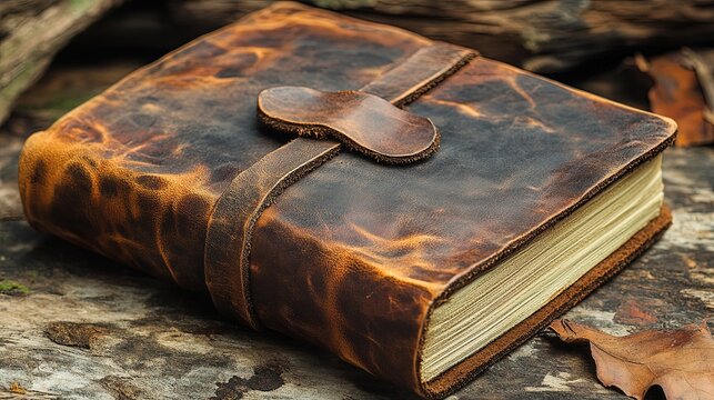 A vintage leather-bound journal resting on a natural surface, suggesting a sense of nostalgia.