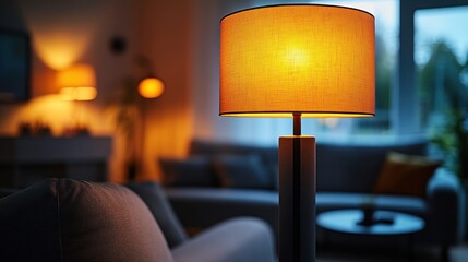 Warm-lit lamp in cozy living room.