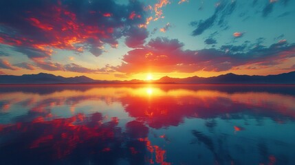 Vibrant sunset reflected in calm lake.