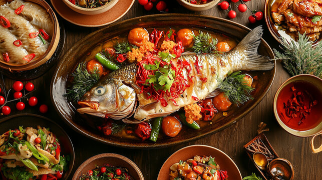 Festive Chinese New Year Feast featuring a whole fish and traditional dishes