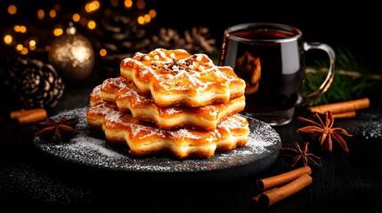 Warm golden waffles dusted with sugar sit beside spiced wine a cozy winter scene. AI Generated