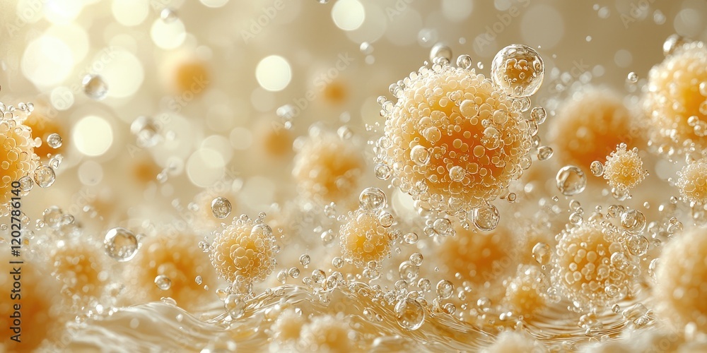 Poster a close-up of a water droplet, teeming with microscopic life, featuring tiny organisms and swirling 