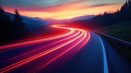 Winding road at sunset with light trails.