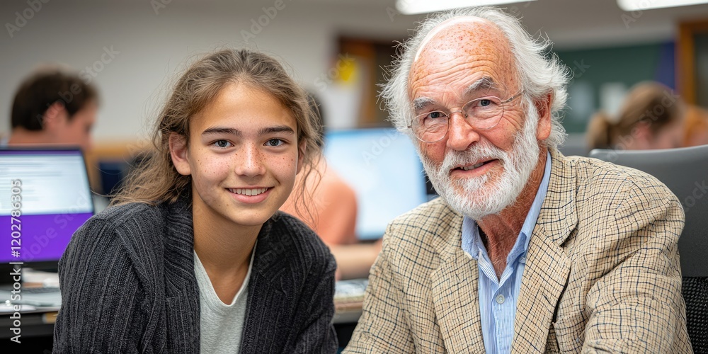 Poster A mentor and mentee working collaboratively on a coding project in a tech lab, with screens displaying lines of code, showcasing their focused and innovative teamwork.