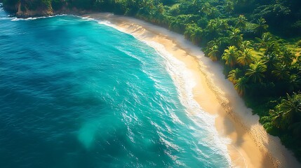 An aerial view showcases a crescent-shaped beach with soft white sand, lush green foliage, and a crystal-clear turquoise ocean