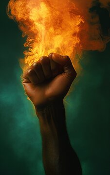 A powerful and dynamic image of a raised black fist with vibrant smoke in black history month colors, perfect for social justice campaigns, empowerment events, and cultural celebrations.