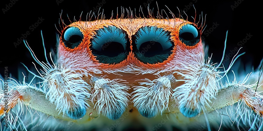 Poster a magnified view of a spider's eye, highlighting the complex structure and reflective surfaces in sh