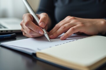 Focused individual capturing thoughts by writing in a notebook with a pen, showcasing creativity and productivity in a modern workspace setting