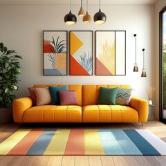 Vibrant Living: A Colorful Modern Interior Design with Eye-Catching Sofa