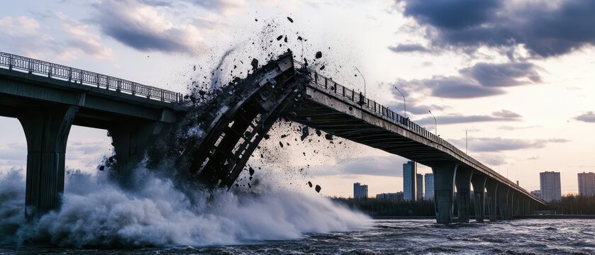 A dramatic image capturing a bridge collapsing under weight, showcasing tension and structural failure in a visually striking scene.