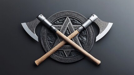 Crossed battleaxes rest on ancient shield dark moody aesthetic. AI Generated