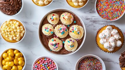 DIY party for a birthday. Colorful dessert spread featuring cupcakes and various toppings in bowls.