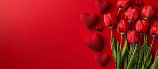 Valentine's Day background with red tulips and hearts on the right side, flat lay top view, copy space concept, red color background