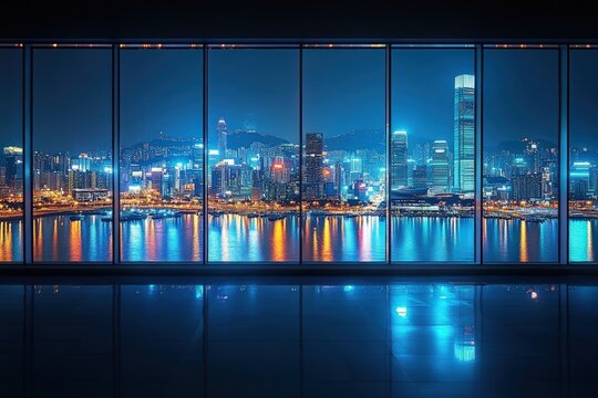 Night city skyline viewed through large window.