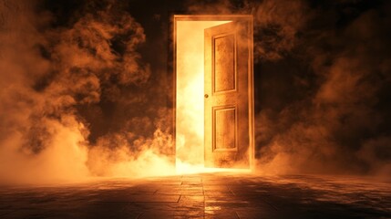 A glowing door surrounded by smoke, suggesting mystery and intrigue.