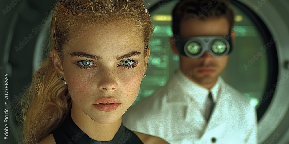 Poster Two scientists are shown in a close-up shot analyzing data on a holographic display in a high-tech medical research facility, their expressions indicating deep concentrat