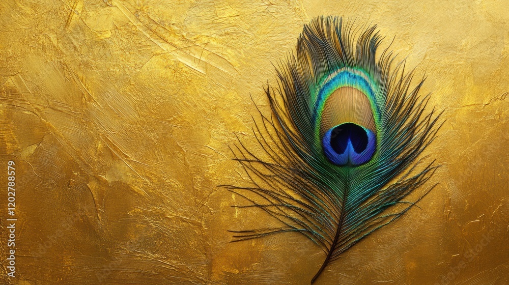 Poster Bright peacock feather resting on a textured gold background showcasing vibrant colors and intricate patterns. Generative AI