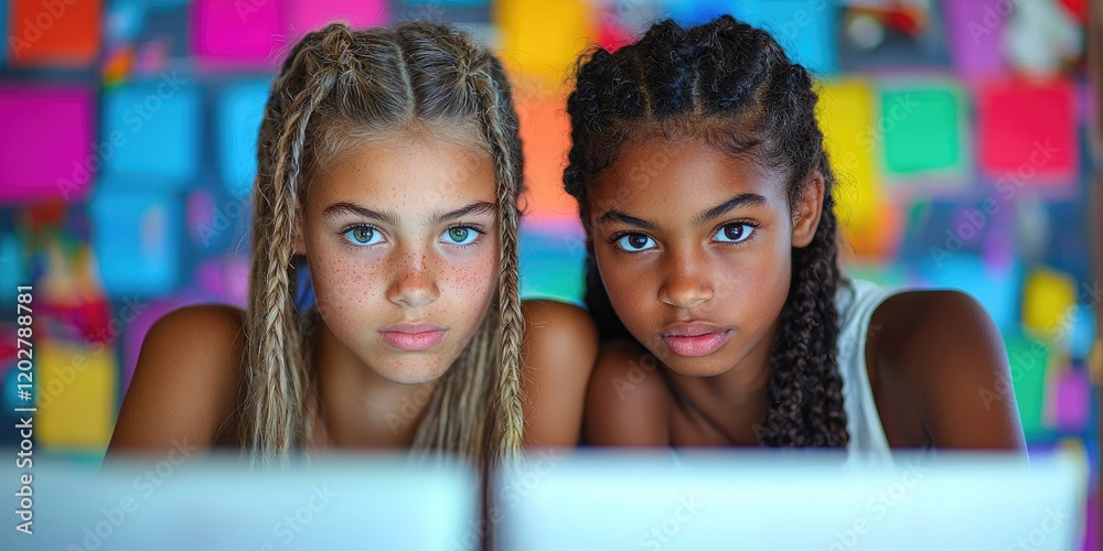 Aufkleber Two educators are depicted in a close-up image discussing educational tools in a tech-driven classroom, their serious expressions reflecting a focus on innovation.