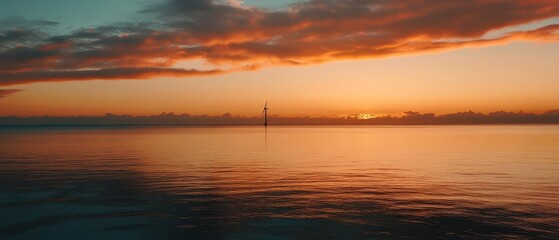A scenic image of a solitary wind turbine in the ocean during sunrise, showcasing nature's beauty and renewable energy.