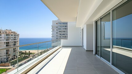 Fototapeta premium A modern apartment with aluminum sliding doors leading to a balcony with a glass railing.