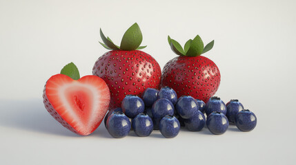 A digital graphic of strawberries and blueberries, vibrantly red and blue, arranged casually