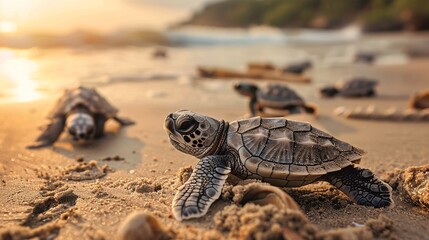 Baby turtles emerging from shells on the beach