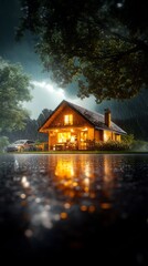 Fototapeta premium Warm cabin glows invitingly under stormy night sky Reflective puddles mirror cozy interior light. AI Generated