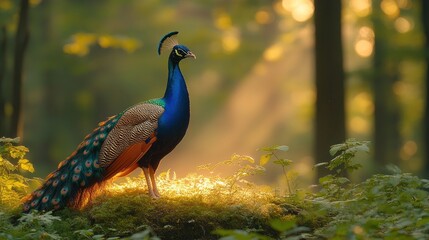 Obraz premium Majestic peacock in sunlit forest.
