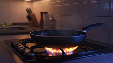 A modern kitchen with a frying pan on a gas burner, flames flickering beneath the pan as food cooks.