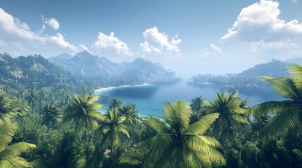 Fototapeta premium Lush Tropical Island Paradise With Secluded Beach And Mountains
