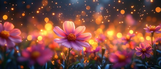 Vibrant Field of Blooming Flowers Illuminated by Soft Warm Lights Creating a Magical Atmosphere