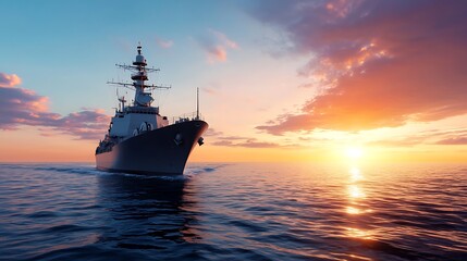 Fototapeta premium Majestic Warship Sailing on Calm Ocean at Sunset