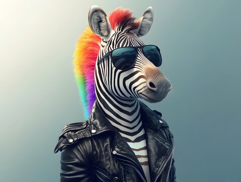 Cool Zebra in Leather Jacket: Rainbow Mohawk, Sunglasses, and Edgy Style