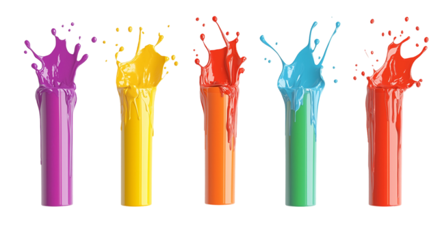 Set of Colorful Paint Tubes with Artistic Splashes Isolated on Transparent Background 