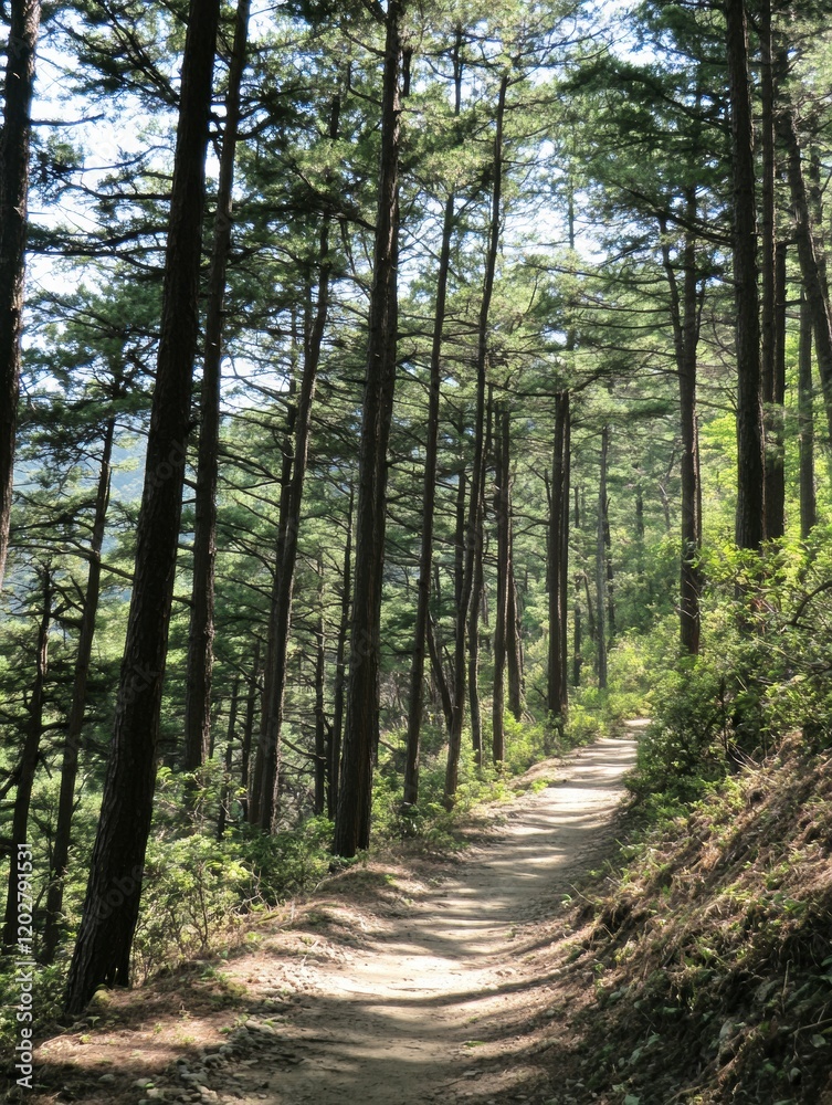 Aufkleber forest trail winding through tall trees in a serene natural setting during daylight hours. generativ