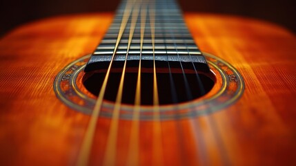 Obraz premium Close-Up View of Acoustic Guitar Strings and Soundhole in Warm Lighting