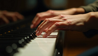 ピアノの鍵盤を弾く演奏者の手元クローズアップ - クラシック、ジャズ、音楽、芸術、優雅なパフォーマンスのイメージ