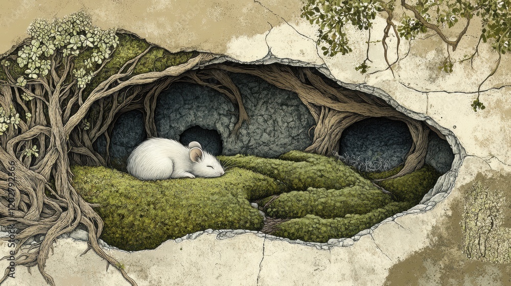 Aufkleber white mouse resting in a cozy moss covered nook surrounded by roots and stone wall in an artistic de