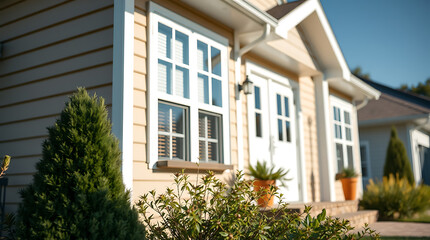 Fototapeta premium Dream house exterior: A charming yellow house with a well-kept garden, showcasing beautiful architecture and landscaping. Perfect for real estate and home design inspiration.