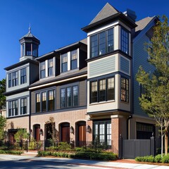 Obraz premium Charming Townhomes on a Sunny Day: A row of charming townhouses with gabled roofs, intricate details, and a classic New England design stand proud in a picturesque neighborhood.